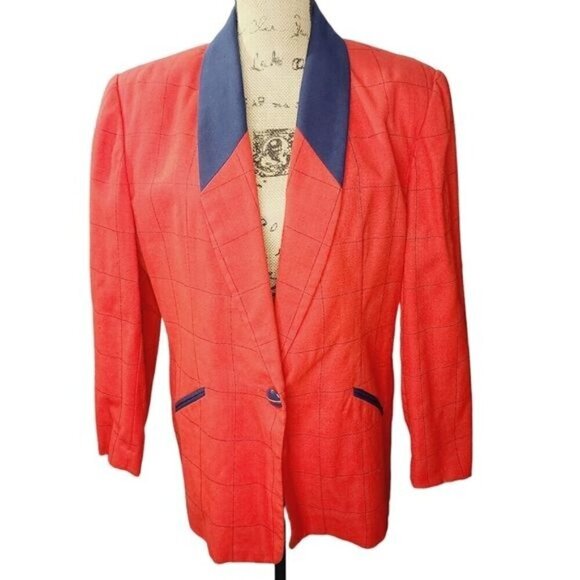 Vintage 80s Window Pane Plaid Red Navy Blue Clueless Blazer Shoulder Pads - Picture 1 of 14